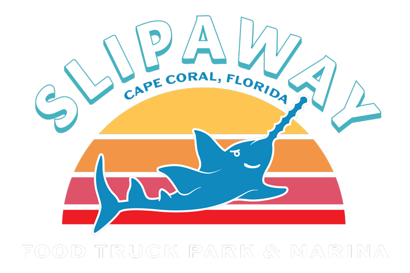 Logo for Slipaway Food Truck Park & Marina in Cape Coral, Florida, featuring a blue narwhal over a retro sunset background.