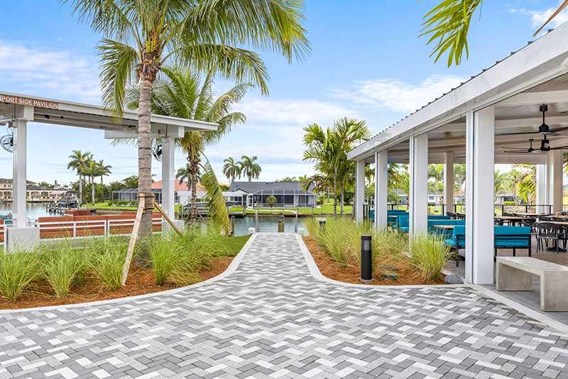 Paved pathway with palm trees near a waterfront.