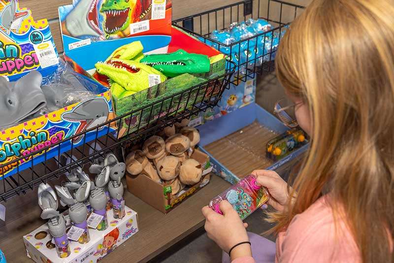 A young person selects and examines a packaged toy from a shelf stocked with various animal-themed toys in a store.