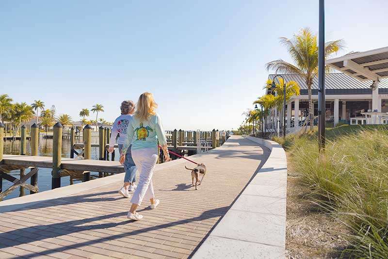 Two women walk a small dog along a paved waterfront path lined with palm trees and docks on a sunny day.