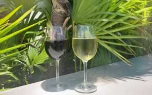 Two wine glasses together on a platform, celebrating Slipaway's Waterfront Wine Club Event Series.